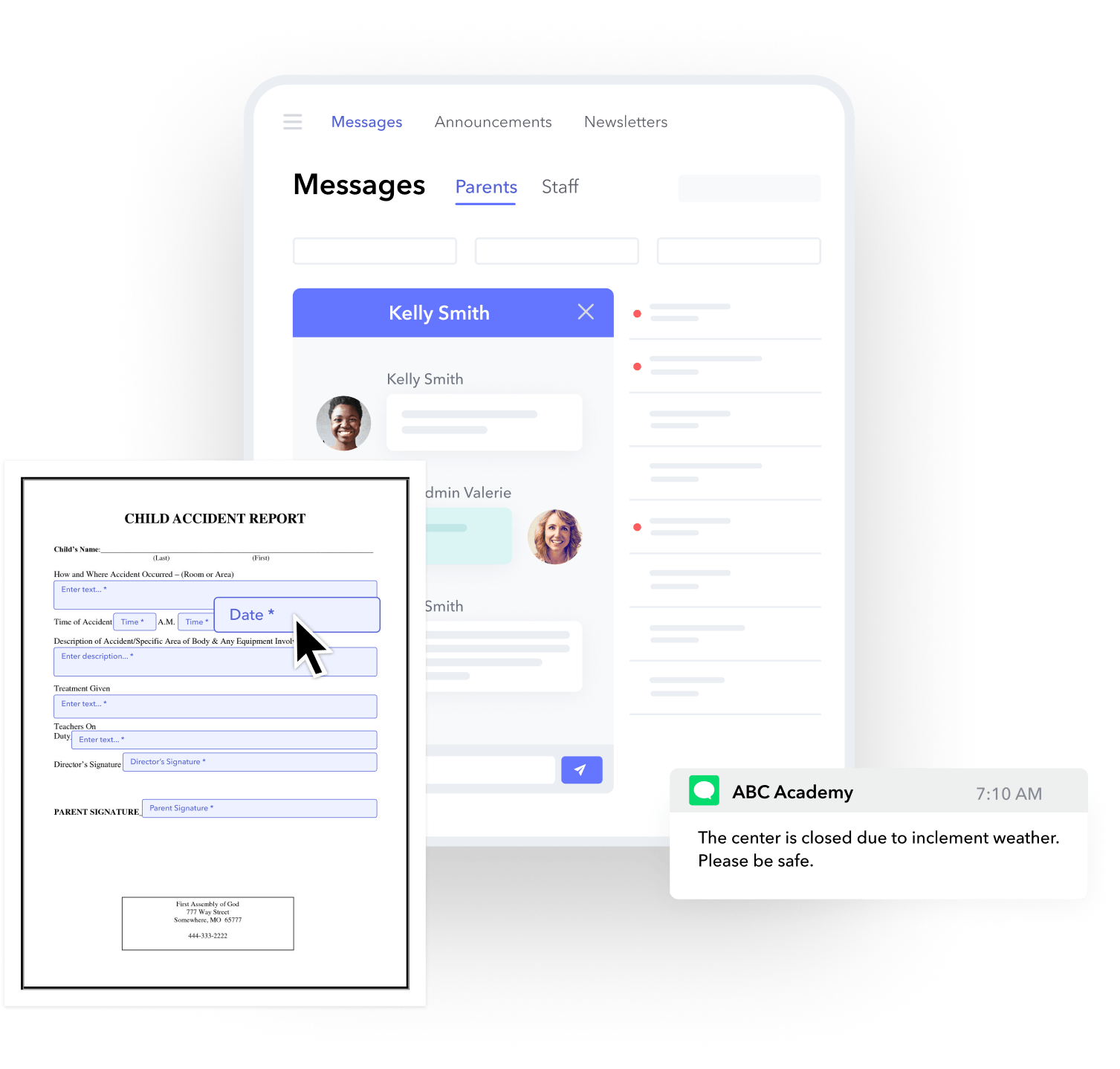 Screenshots of brightwheel's childcare incident report app. Document required information, stay in compliance, and keep families informed with brightwheel.