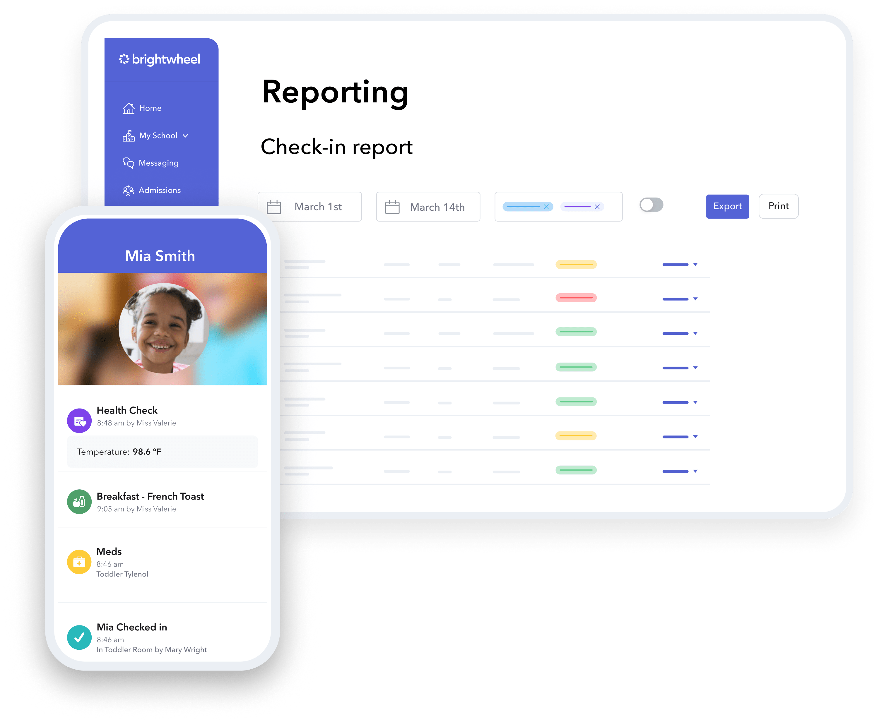 Screenshots of brightwheel's health check app in laptop and mobile devices. Replace paper forms, keep families informed, and maintain a healthy classroom with brightwheel.