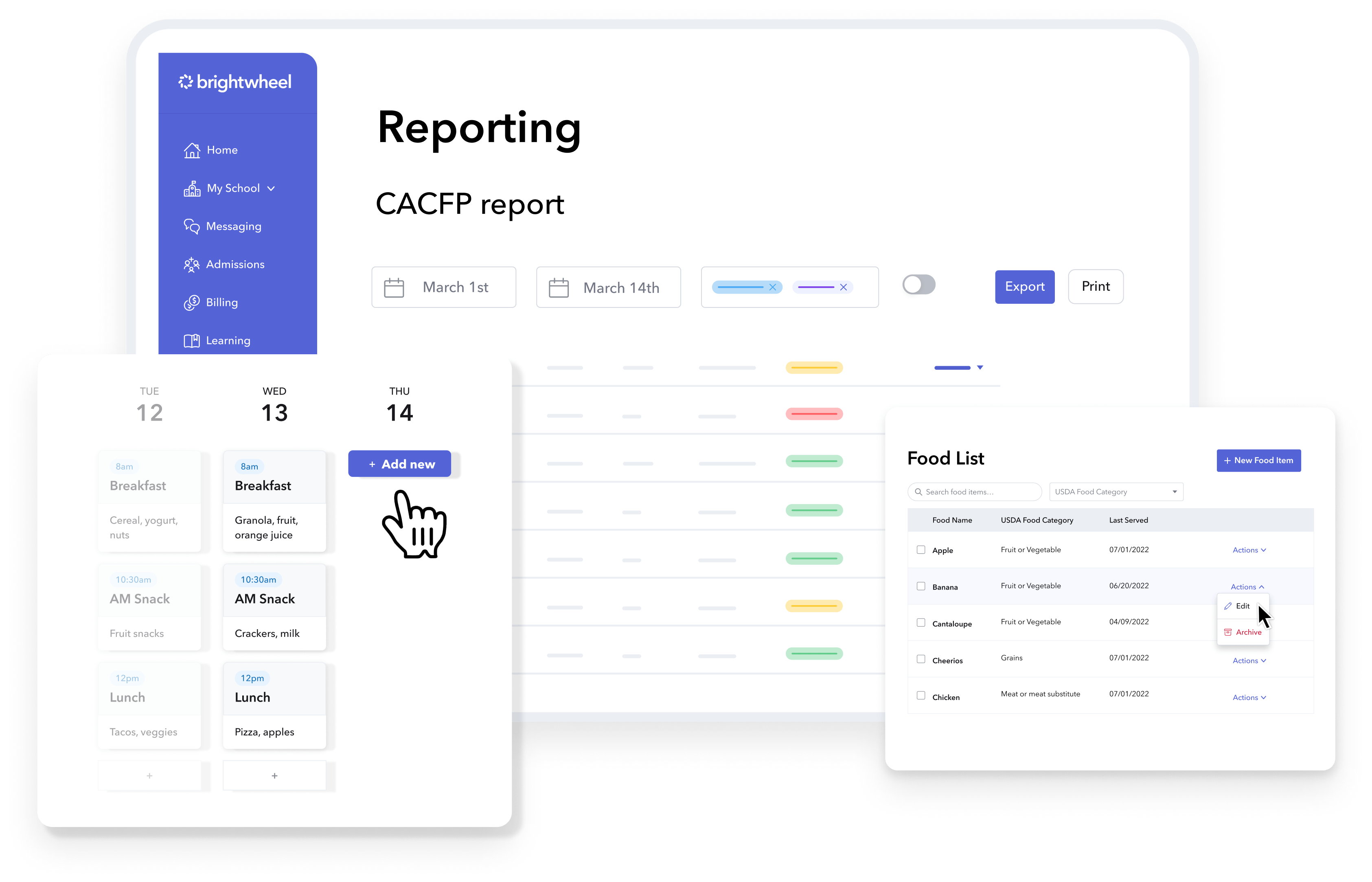 Screenshots of brightwheel's CACFP meal tracking and reporting tool. Create detailed menus, track meals, and simplify CACFP reporting with brightwheel.