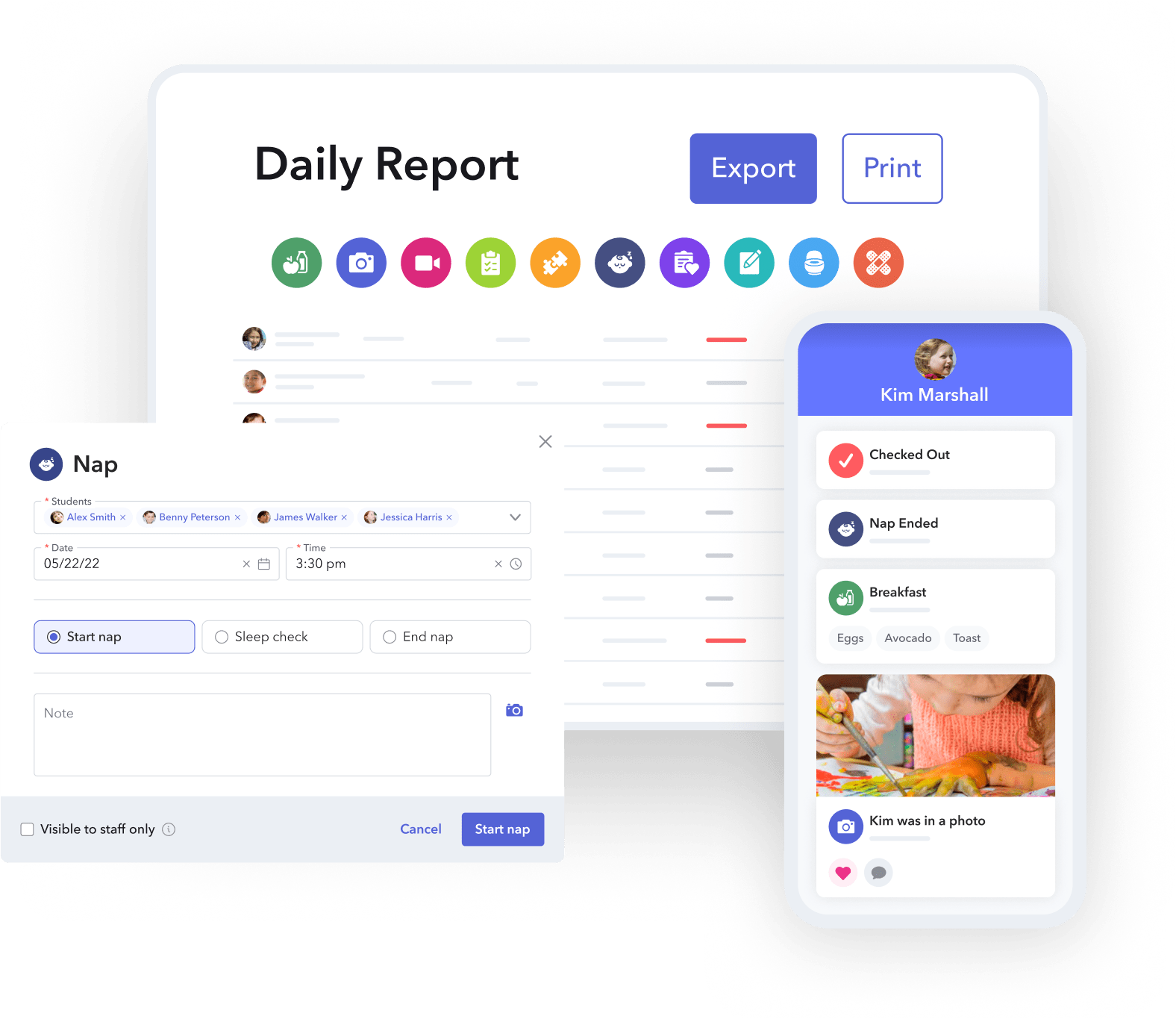 Screenshots of daily report in brightwheel on laptop, tablet, and mobile devices. Log activities, share photos or videos, and send daily reports, all in brightwheel.