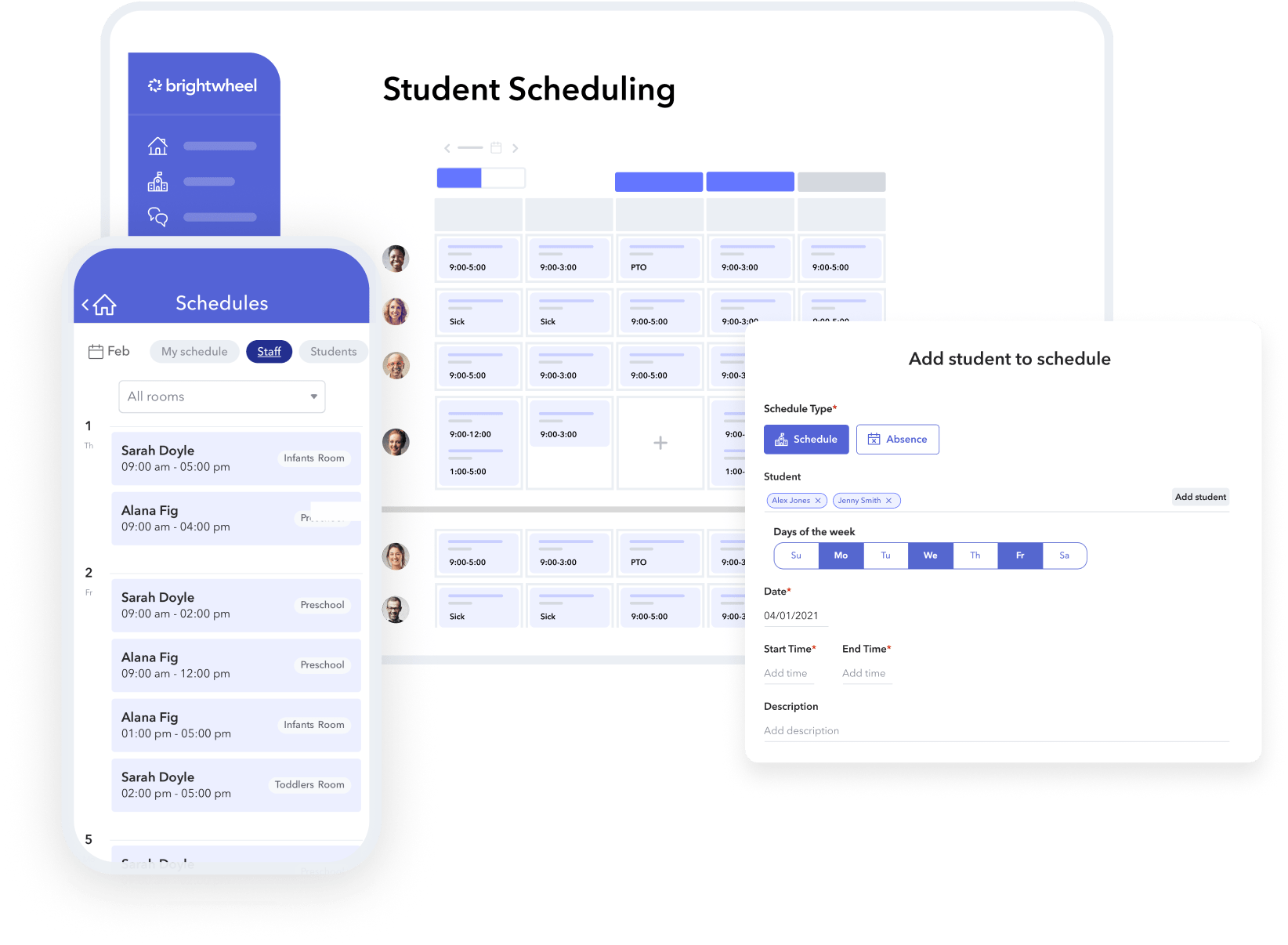 Screenshots of brightwheel's student scheduling app in laptop, tablet, and mobile devices. Save time creating daily schedules and operate your program at full capacity with brightwheel’s childcare software.